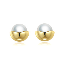 Fashion While Pearl Earring with 14K Real Gold Plated 925 Silver